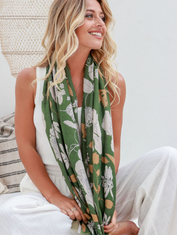 Green / Beige Floral Scarf