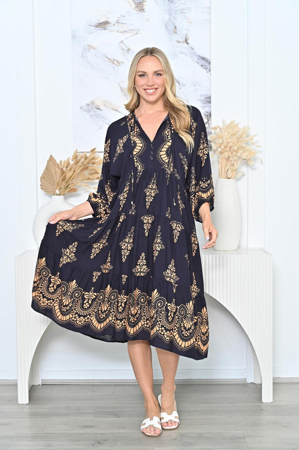 Lottie Dress Navy & Orange